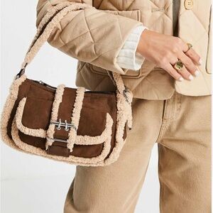 Topshop Sherpa Trim Buckle Shoulder in Brown